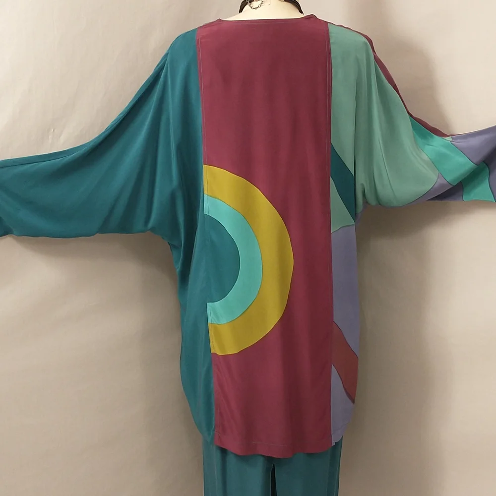 Vintage Silk Set Mod Design by Mosswear USA made Party Dress 80s / 90s Colorful - Picture 3 of 12